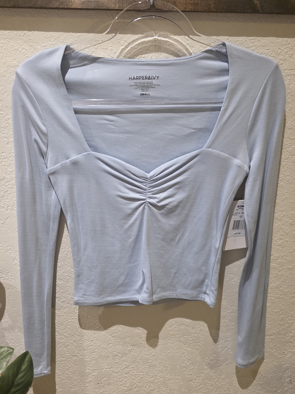Harper Light Blue Long-Sleeve Ruched Square-Neck Top